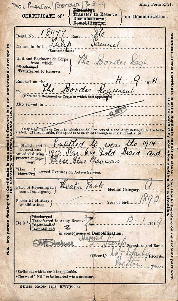 Private Samuel Tulip's demobilization card