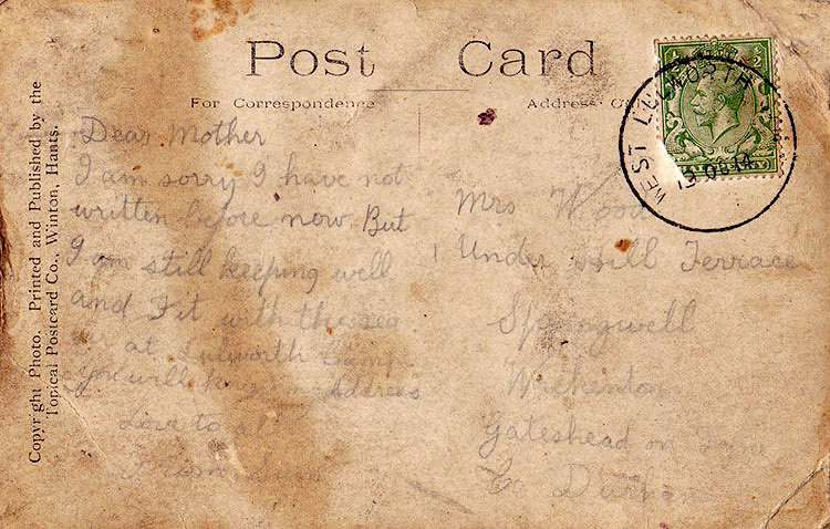 Postcard Message: Sam Tulip at Lulworth Army Camp