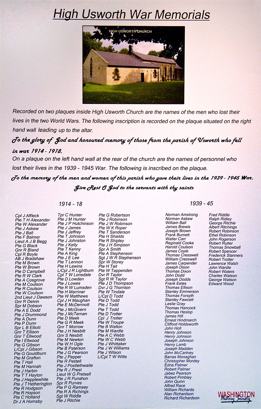 War Memorial Transcript from Usworth Holy Trinity Church.